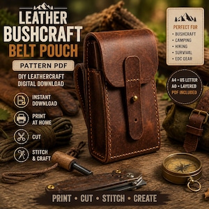 May include: A brown leather belt pouch with a flap closure and a brass stud fastener. The text on the image reads LEATHER BUSHCRAFT BELT POUCH, PATTERN PDF, DIY LEATHERCRAFT DIGITAL DOWNLOAD, INSTANT DOWNLOAD, PRINT AT HOME, CUT, STITCH & CRAFT.