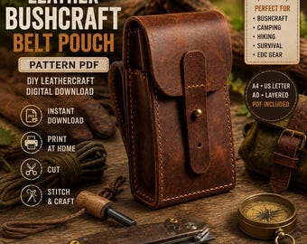 Patrón PDF Funda Bushcraft de Cuero | Bolsa Utilitaria para Cinturón | Plantilla de Marroquinería | Descarga Digital