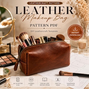 May include: A brown leather makeup bag with a zip closure, filled with various makeup brushes. The image includes text reading LEATHERCRAFT PATTERN, LEATHER Makeup Bag, PATTERN PDF, DIY Leathercraft Template, and INSTANT DOWNLOAD.