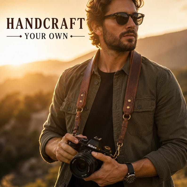 May include: A brown leather camera strap with brass hardware attached to a black Nikon camera. The text HANDCRAFT YOUR OWN is visible in the upper left corner. The strap features reinforced stitching and metal rivets at the connection points.