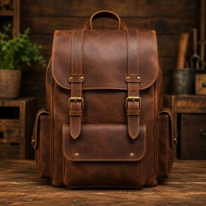 May include: A brown leather backpack featuring a top flap with two vertical straps, brass-toned metal buckles, and a front pocket. The bag includes two side pockets, a top handle, and visible stitching details across the main body and compartments.