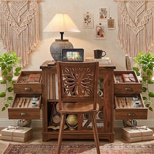 May include: A wooden desk with a central cabinet, two side drawers on each side, and a matching chair. The desk holds a lamp, a digital frame, and a black mug. The drawers contain pens and notebooks. Two macrame wall hangings flank the desk.
