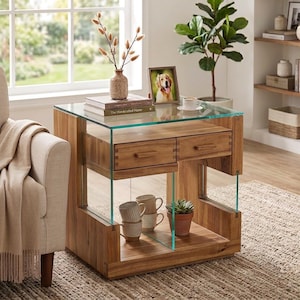May include: A wooden side table with a glass top and sides, featuring two drawers with horizontal wooden pulls. The table has an open lower shelf containing two stacked ceramic mugs and a small potted succulent plant in a terracotta-colored pot.