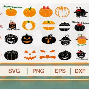 Op de afbeelding: Een digitale collectie van twintig Halloween-pompoengrafieken gerangschikt in rijen, met oranje en zwarte silhouetten, pompoengezichten en pompoenen met hoeden. De tekst "Happy Halloween" verschijnt op verschillende ontwerpen en de onderste balk toont "SVG | PNG | EPS | DXF".