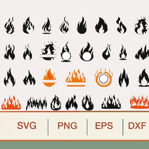 Puede incluir: Una colección de iconos de llamas negras y naranjas dispuestos en una cuadrícula. El conjunto incluye varias formas de fuego, algunas con recortes circulares o lineales. Debajo, un recuadro muestra el texto SVG, PNG, EPS y DXF.