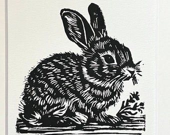 Cottontail Bunny linocut print lino print block print - Woodland animals collection