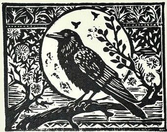 Crow Moon Raven Night Spooky Lino block print
