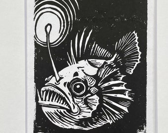 Anglerfisch Linoldruck Linoldruck Tiefseefisch