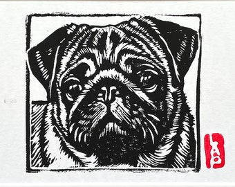 Pug dog linocut block print - Pets Collection