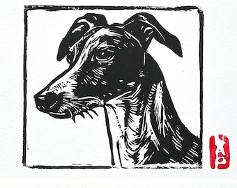 Whippet Greyhound Sighthound linocut block print - Collection Animaux