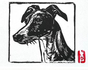 Whippet Greyhound Sighthound linocut block print - Pets Collection