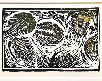 Trilobite cluster lino print linocut prehistoric life