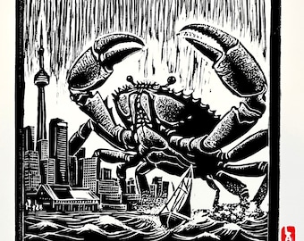 King Crab Kaiju conquering city of Toronto linocut lino print