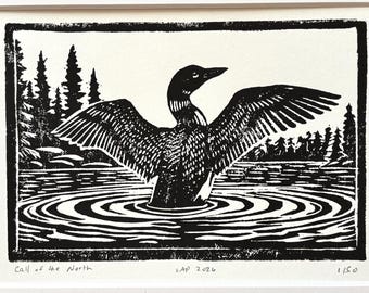 Loon Call of the Wild linocut block print