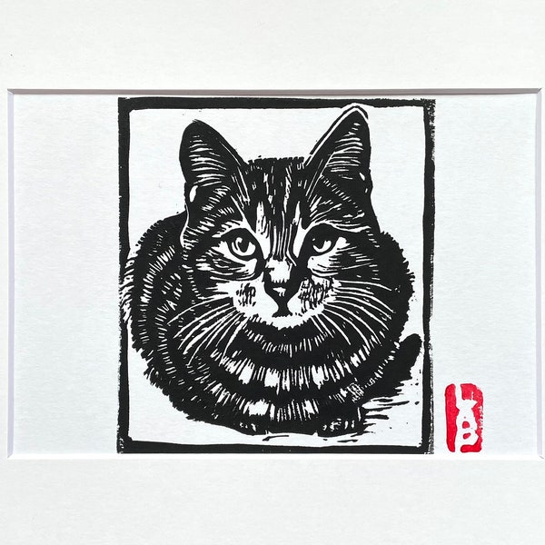 Cat kitty Felis cattus linocut block print - Pets Collections