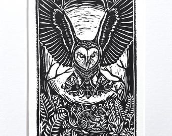 Barn Owl Attack linosnede blokprint