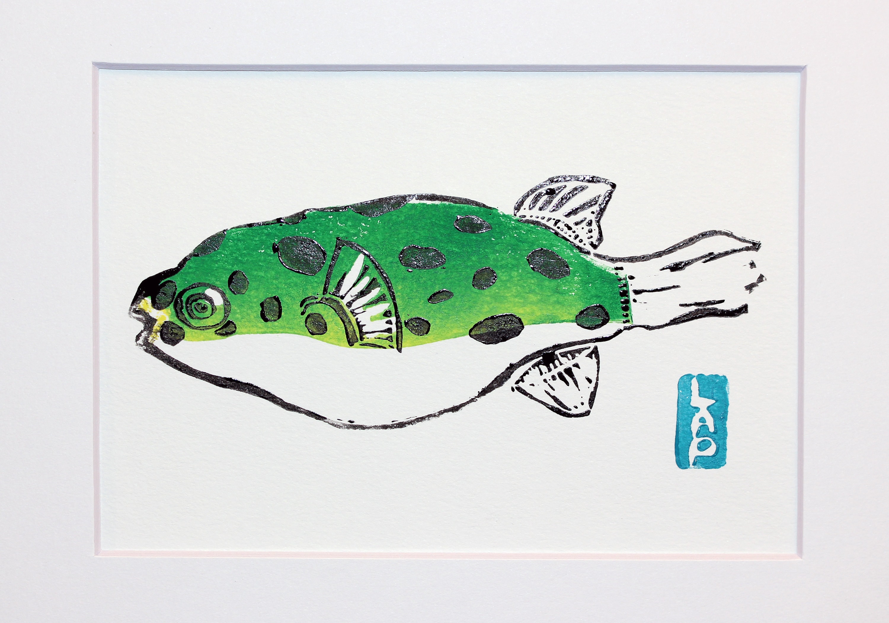 Green Spotted Puffer Fish Print Lino Print Puffer Fish Linocut Etsy