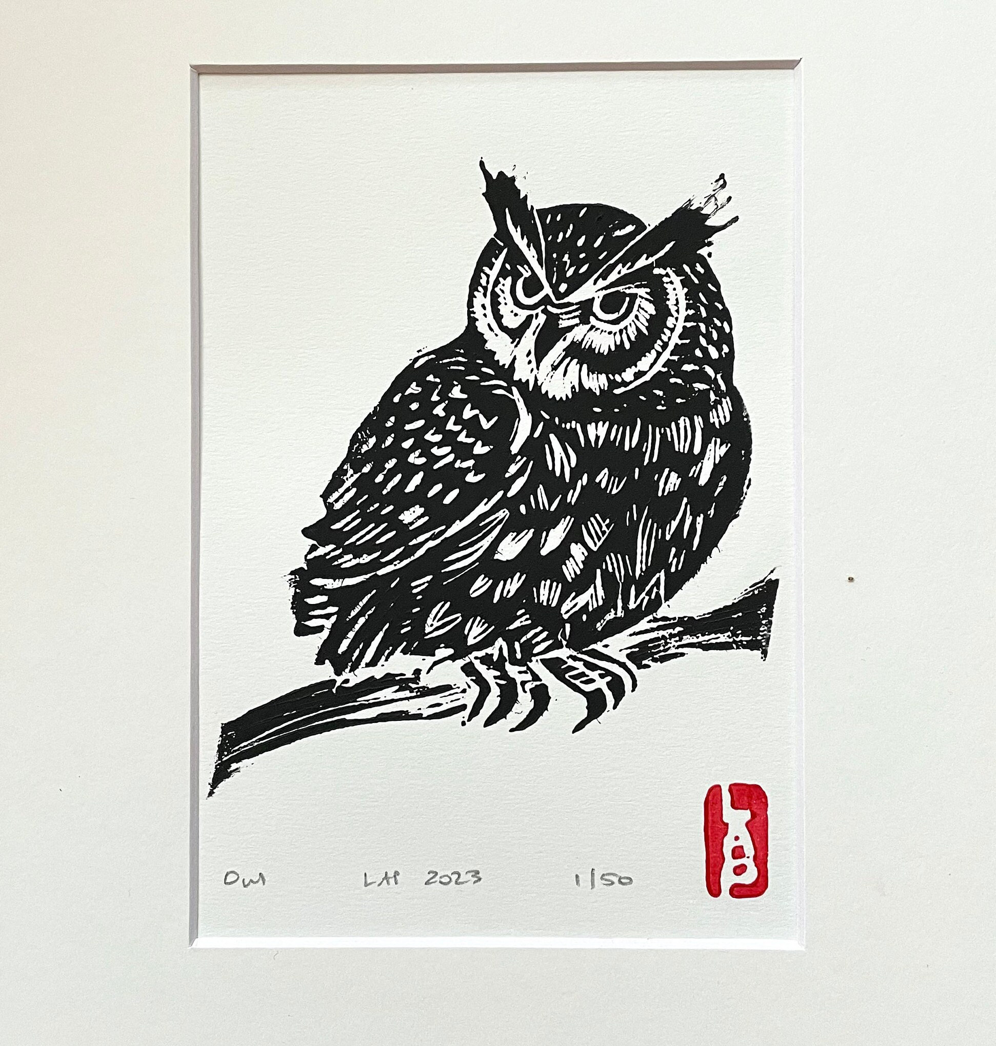 Owl lino print linocut block print - Woodland animals collection
