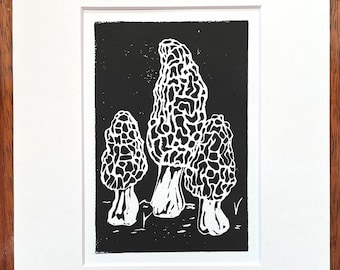 Morel Mushroom print - linocut print lino print block print - Mighty Mycelium Collection