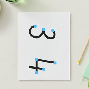 May include: A white rectangular sheet of paper featuring the black numbers 3 and 4 printed in a bold font. Each number includes small light blue circular dots at the start, end, and intersection points of the strokes to guide writing.