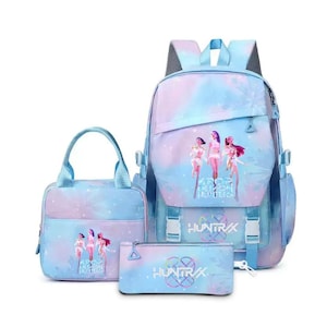 Funktionelle KPop Dämonenjäger Rucksack Mädchen 3 Stück Set Atmungsaktiv Huntrix Schultasche Nette Kinder Laptop Büchertasche mit Lunch Box Fall