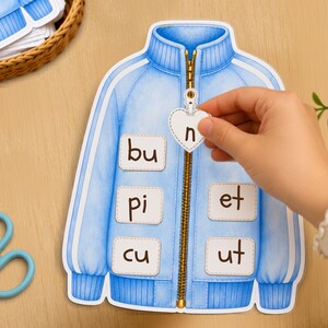 May include: A light blue paper jacket cutout featuring a gold zipper and white rectangular patches with the letters bu, pi, cu, et, and ut. A heart-shaped paper tag with the letter n is positioned near the zipper pull of the jacket.