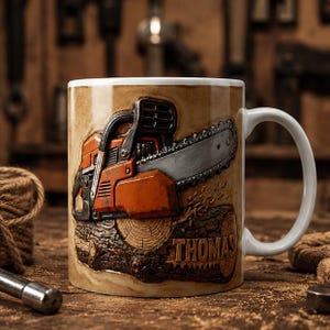 Könnte beinhalten: Ein weißer Keramikbecher mit einem erhabenen, strukturierten Motiv einer orangefarbenen Kettensäge auf einem Holzstamm. Das Design enthält den Namen THOMAS, der in die Seite des Stammes eingeprägt ist. Der Becher hat einen weißen Henkel.