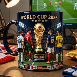 May include: A dark blue ceramic mug featuring a 3D-style graphic of the World Cup 2026 trophy flanked by four soccer players in jerseys labeled Messi, Ronaldo, Mbappe, and Neymar. The base displays the name Brian and various national flags.