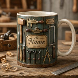 May include: A ceramic mug with a dark teal wood-plank texture featuring raised 3D-style illustrations of woodworking tools including a mallet, calipers, saw, and drill bits. A central plaque displays the text Name and EST. 2024 with BUILT WITH CARE.