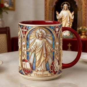 Personlig Jesusmugg, Anpassat namn kristen keramikmugg, Målat glas kaffekopp, Religiös gåva till honom
