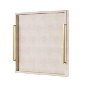 May include: A square serving tray with a light beige, textured surface and a raised border. The tray features two vertical, rectangular gold-toned metal handles attached to the sides, providing a clean and functional design for carrying items.