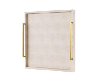 Extra Large Ottoman Tray for Coffee table, Square  Shagreen Leather Decorative Tray With Gold handles for Living Room Decor