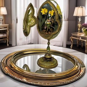 May include: An ornate, egg-shaped decorative object with a hinged opening, featuring a green exterior with gold trim. Inside, a miniature scene displays yellow daffodils and a small figure. The piece stands on a pedestal base atop a round mirror.