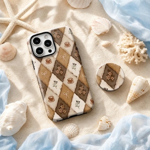 Patchwork Phone Case, Brown Beige Quilt Coffee Cup Floral Bow Cover,Fits iPhone 11–18 Pro Max, Samsung S20-S26 And Other All Models.