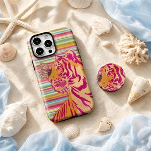 Colorful Striped Tiger Butterfly Phone Case, Rainbow Stripe Cover,Fits iPhone 11–18 Pro Max, Samsung S20-S26 And Other All Models.