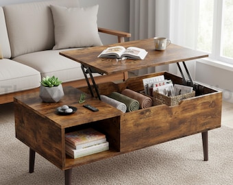 Wooden Lift Top Coffee Table with Hidden Storage, Rustic Living Room Furniture