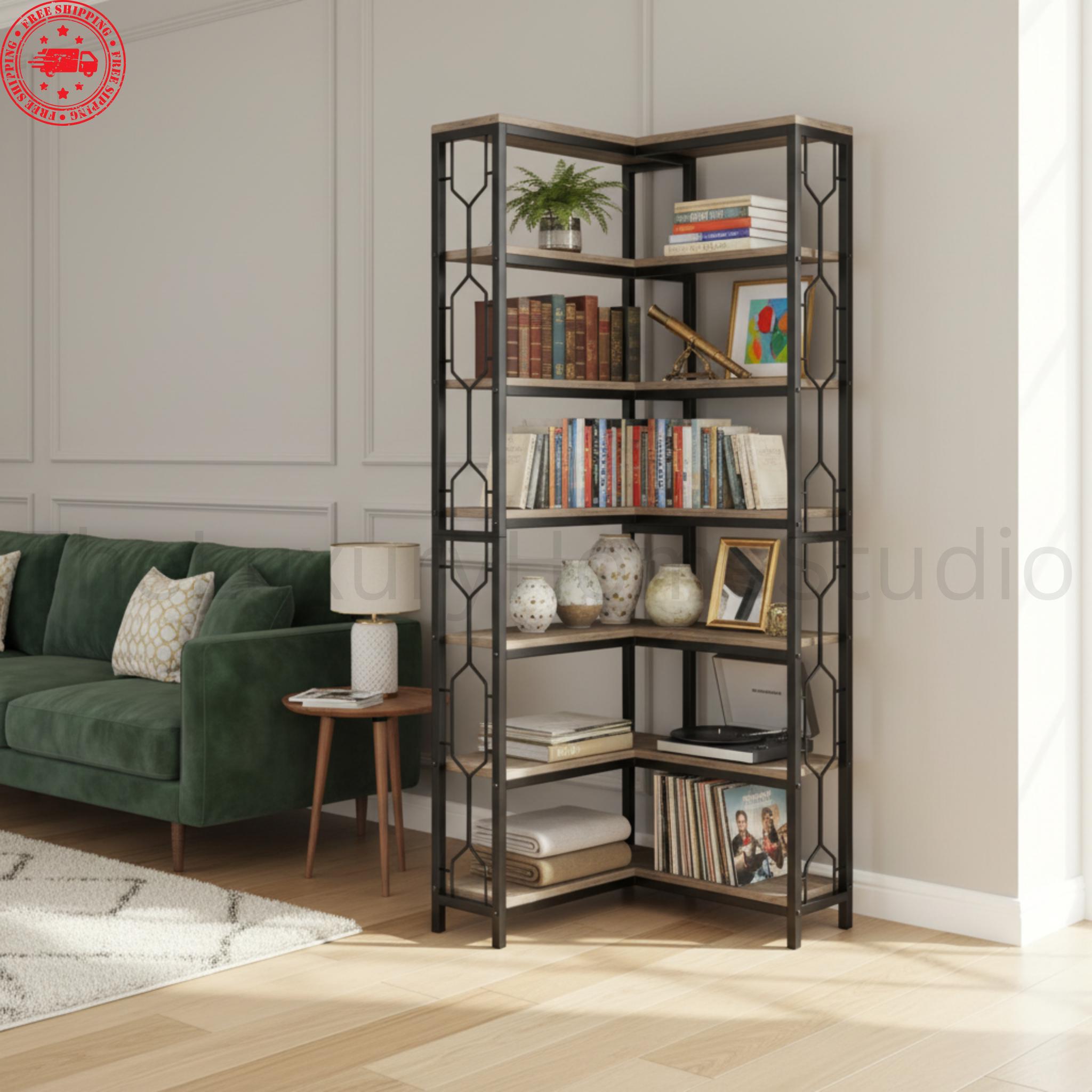 Etagere Bookcase Living Room BYBLIGHT Eulas 71 Tall Black Engineered Wood 6-Shelf Etagere Bookcase, Corner