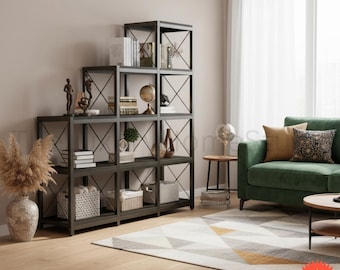 L-Shaped Ladder Bookshelf 9 Cube Industrial Corner Bookcase Storage