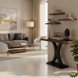 May include: A console table with a dark wood top and a black metal base featuring two curved legs. The table is positioned against a wall with three floating shelves above it, holding decorative items including a small plant and a sculpture.