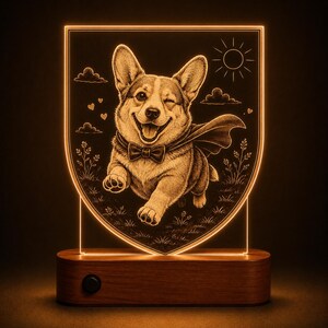 LED-Lampe mit Corgis-Motiv, personalisierte Acryl-Nachtleuchte für Hunde mit handgefertigtem Holzsockel