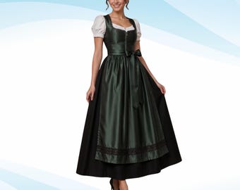 Groene zijdesatijnen dirndl-jurk, Beierse trachten, 3-delige set, oktoberfestjurk