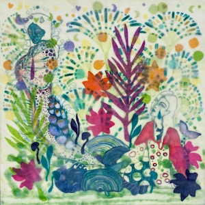 May include: A watercolor painting of two figures in a garden setting. The figures are surrounded by colorful flowers, leaves, and other botanical elements. The painting is done in a whimsical style with a lot of detail.