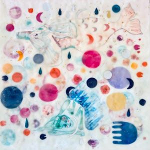 Spiritual Bypassing (2024), Arte a encausto, Tecnica mista, 20 x 20 pollici, Sirene, Acquerello, Noelle Correia