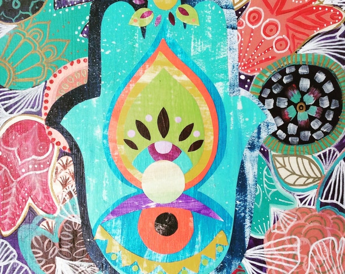 Print Art Hamsa Painting Giclee Print Collage Giclee Canvas Paper Art Five Hamesh Hand of Fatima Third Eye Folk Art