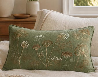 Sage Green Wildflower Embroidered Lumbar Pillow Cover, Boho Botanical Cushion, Farmhouse Sofa Housewarming Gift