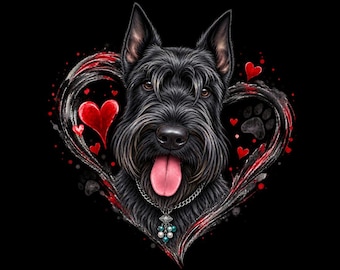 Könnte beinhalten: Ein schwarzer Scottish Terrier mit rosa Zunge, der eine silberne Kette mit einem blau-weißen Perlenanhänger trägt, eingerahmt von einer stilisierten Herzform aus roten Herzen, schwarzen Pinselstrichen und Pfotenabdrücken auf schwarzem Grund.