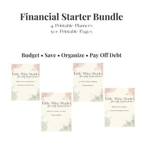 Op de afbeelding: Financieel startpakket met 4 printbare planners en 50+ printbare pagina's. De tekst luidt Budget, Save, Organize, Pay Off Debt en Little Wins Studio. Elke pagina bevat zachte roze en groene botanische accenten op een crèmekleurige achtergrond.