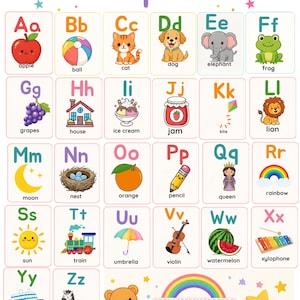 Puede incluir: Un póster educativo del alfabeto titulado The Alphabet, que presenta veintiséis tarjetas rectangulares, cada una con una letra mayúscula y minúscula junto a una ilustración colorida y su palabra correspondiente, desde apple hasta zebra.