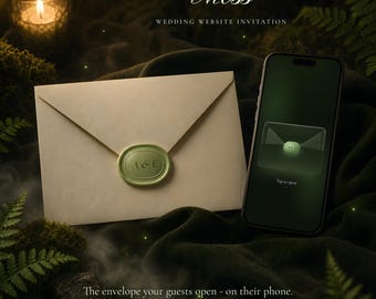 Moody Green Wedding Website with RSVP, Interactive Wedding Invitation, Animated Digital Wedding Invitation, Woodland Forest Save the Date