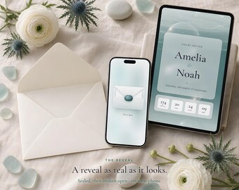 Beach Wedding Website with RSVP, Interactive Wedding Invitation, Animated Digital Wedding Invitation, Teal Seaside Save the Date